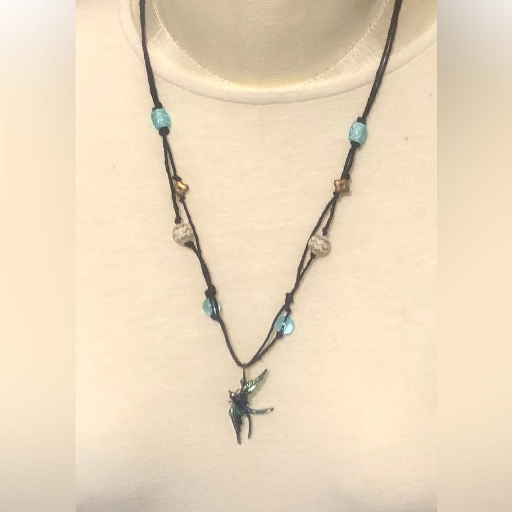 Boho handcrafted black cord beaded necklace blue bird pendant charm